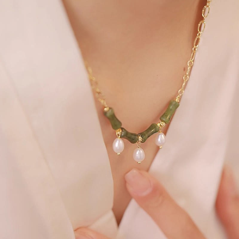 Tianshan Jade Bamboo Pearl Abundance Wealth Necklace Pendant