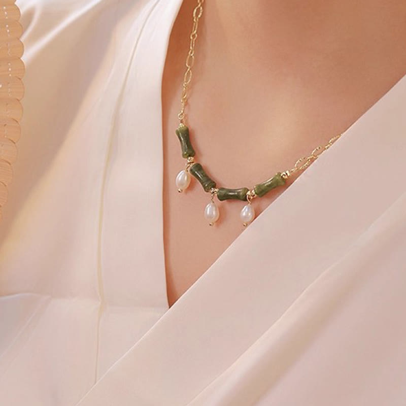 Tianshan Jade Bamboo Pearl Abundance Wealth Necklace Pendant