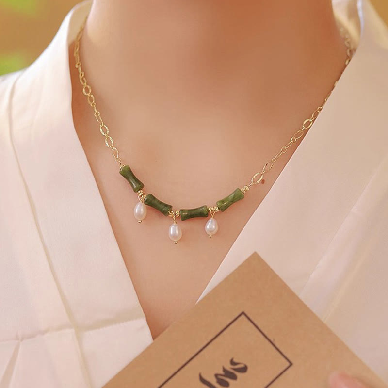 Tianshan Jade Bamboo Pearl Abundance Wealth Necklace Pendant