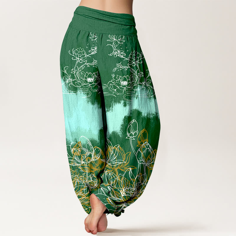 Pure Cotton Lotus Print Adaptive Waist Meditation Harem Pants