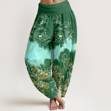 Pure Cotton Lotus Print Adaptive Waist Meditation Harem Pants