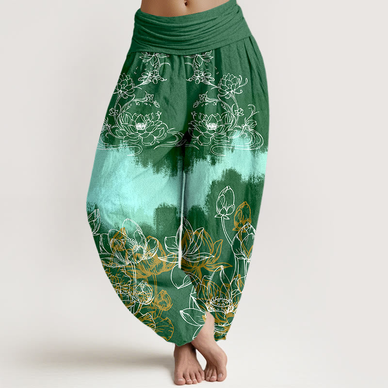 Pure Cotton Lotus Print Adaptive Waist Meditation Harem Pants