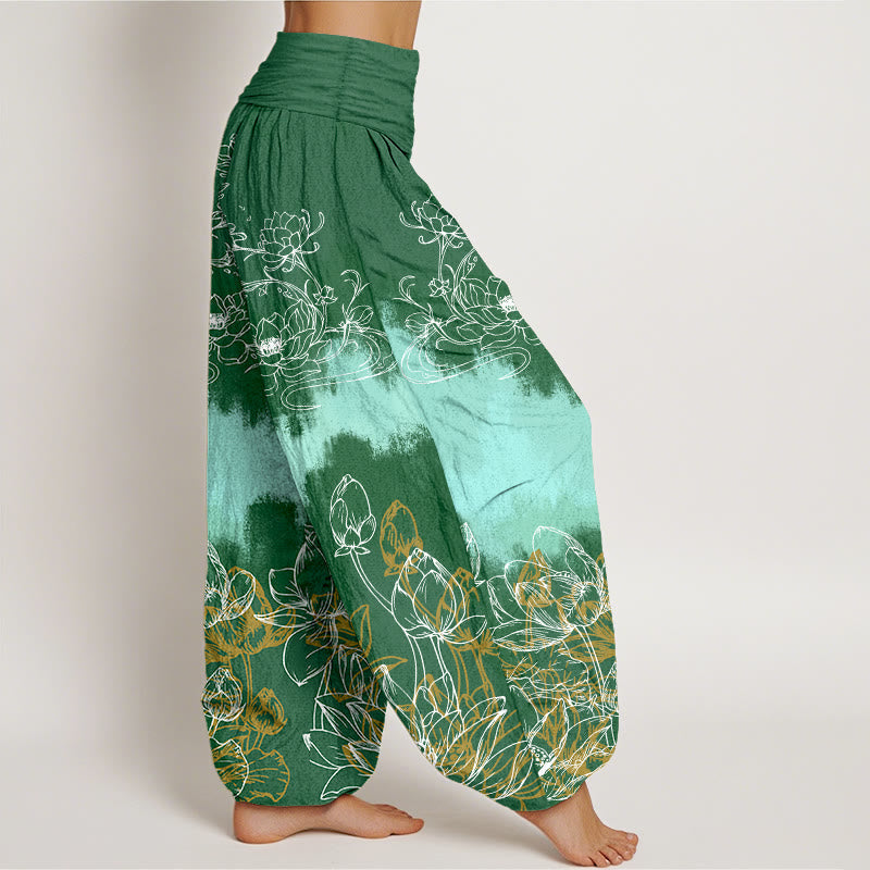 Pure Cotton Lotus Print Adaptive Waist Meditation Harem Pants