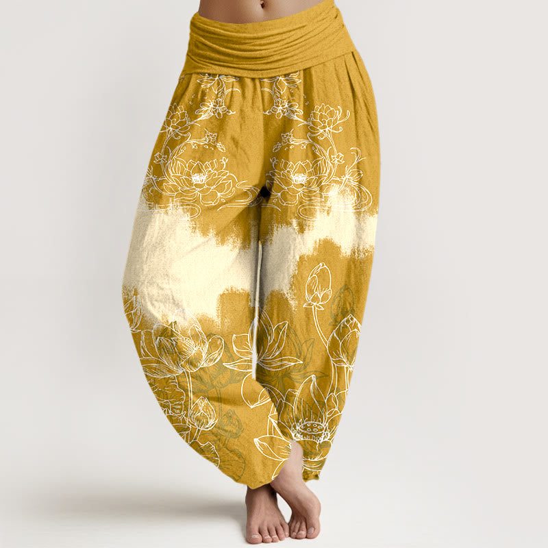 Pure Cotton Lotus Print Adaptive Waist Meditation Harem Pants