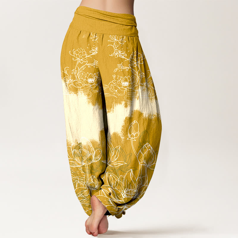 Pure Cotton Lotus Print Adaptive Waist Meditation Harem Pants