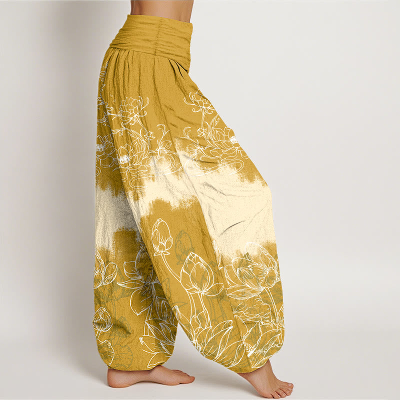Pure Cotton Lotus Print Adaptive Waist Meditation Harem Pants