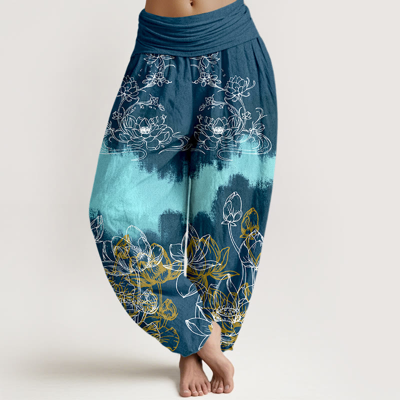 Pure Cotton Lotus Print Adaptive Waist Meditation Harem Pants