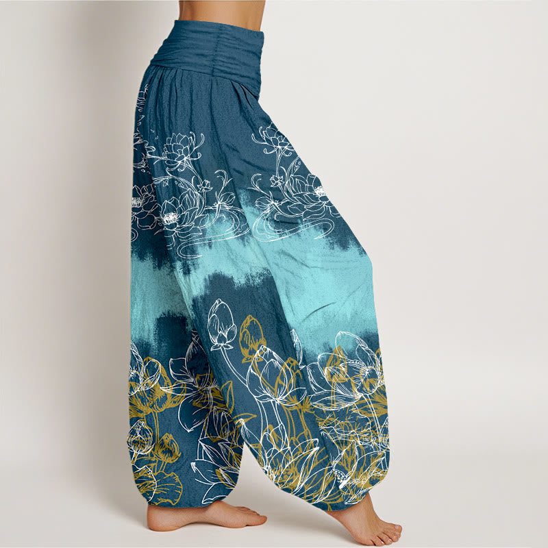 Pure Cotton Lotus Print Adaptive Waist Meditation Harem Pants