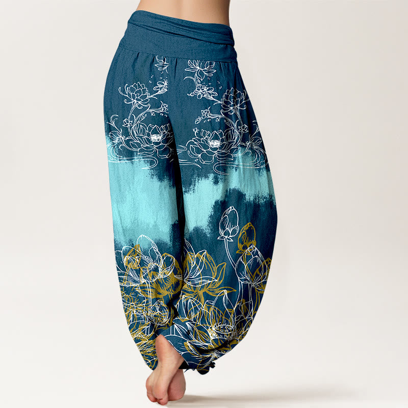 Pure Cotton Lotus Print Adaptive Waist Meditation Harem Pants