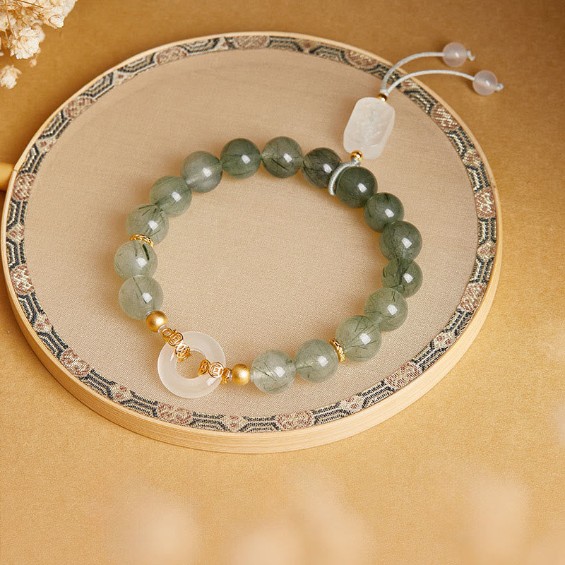 925 Sterling Silver Green Rutilated Quartz & White Chalcedony Ping An Kou Peace Buckle Bracelet