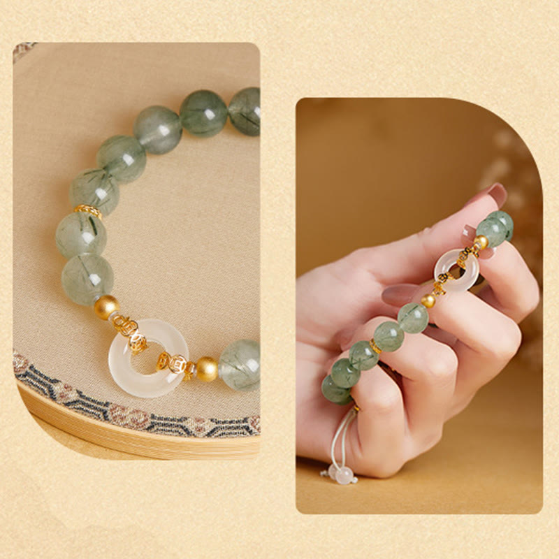 925 Sterling Silver Green Rutilated Quartz & White Chalcedony Ping An Kou Peace Buckle Bracelet