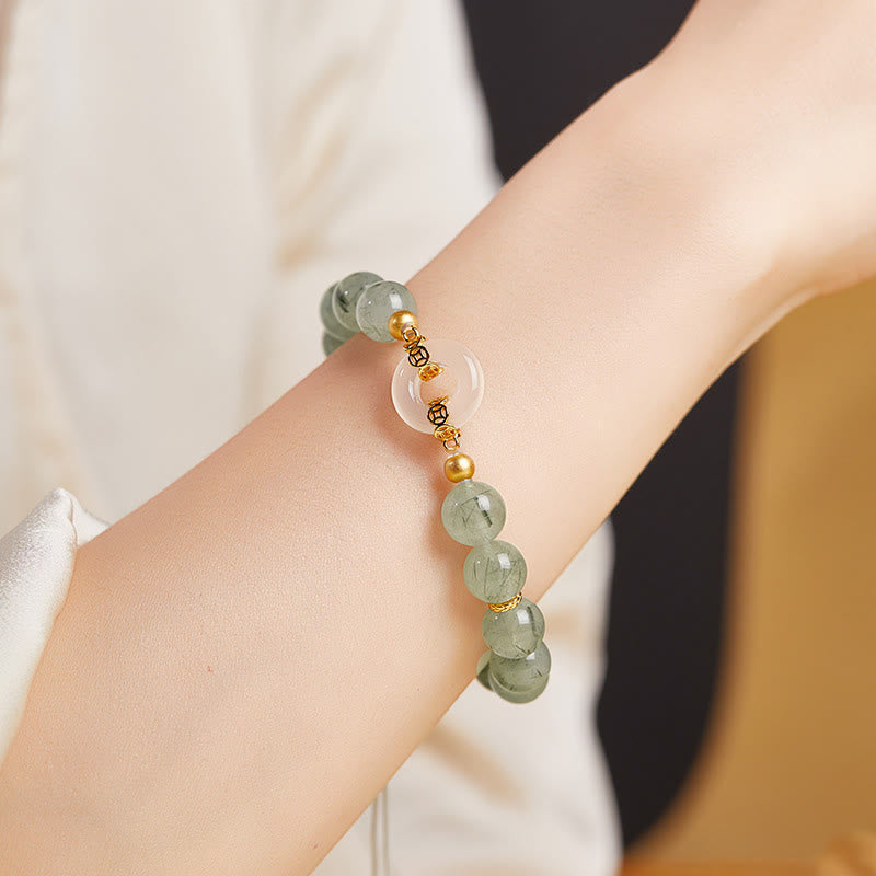 925 Sterling Silver Green Rutilated Quartz & White Chalcedony Ping An Kou Peace Buckle Bracelet
