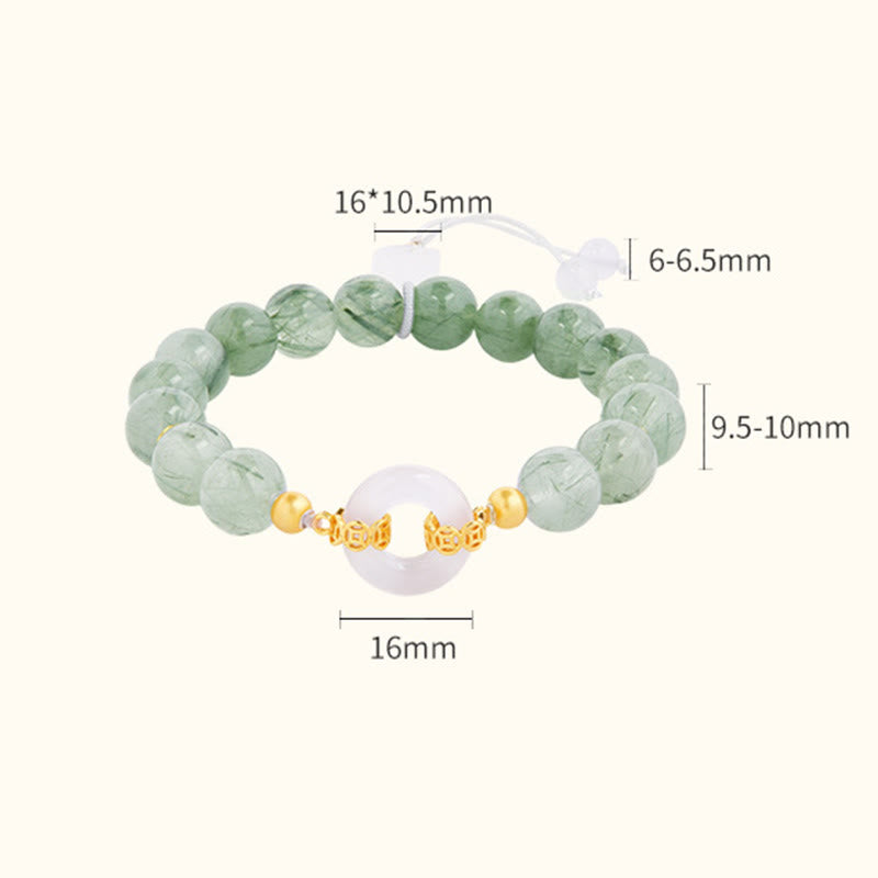 925 Sterling Silver Green Rutilated Quartz & White Chalcedony Ping An Kou Peace Buckle Bracelet
