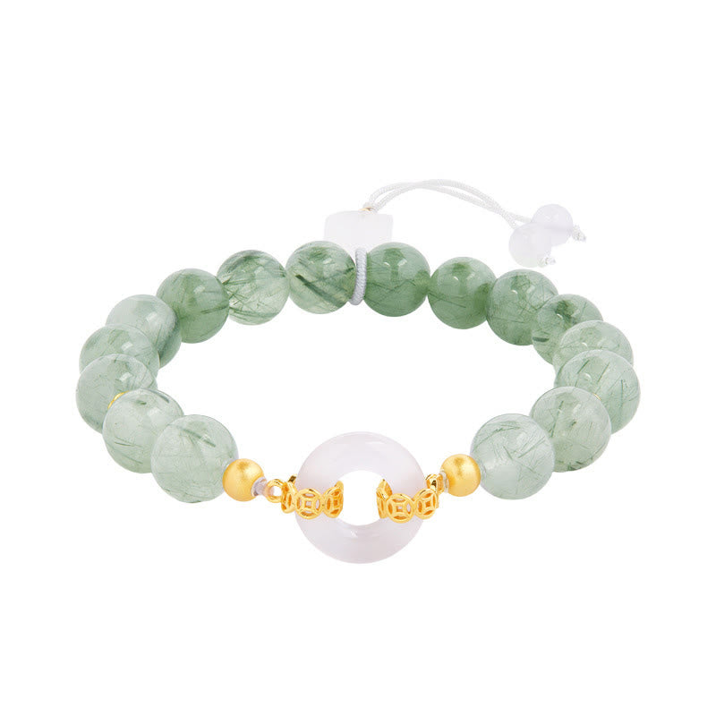 925 Sterling Silver Green Rutilated Quartz & White Chalcedony Ping An Kou Peace Buckle Bracelet