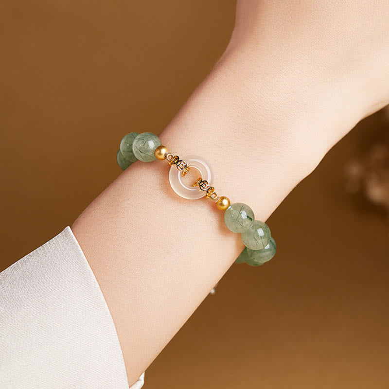 925 Sterling Silver Green Rutilated Quartz & White Chalcedony Ping An Kou Peace Buckle Bracelet