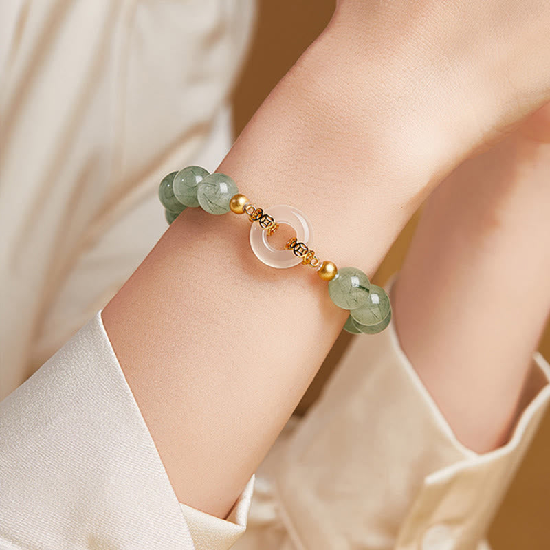 925 Sterling Silver Green Rutilated Quartz & White Chalcedony Ping An Kou Peace Buckle Bracelet