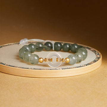 925 Sterling Silver Green Rutilated Quartz & White Chalcedony Ping An Kou Peace Buckle Bracelet