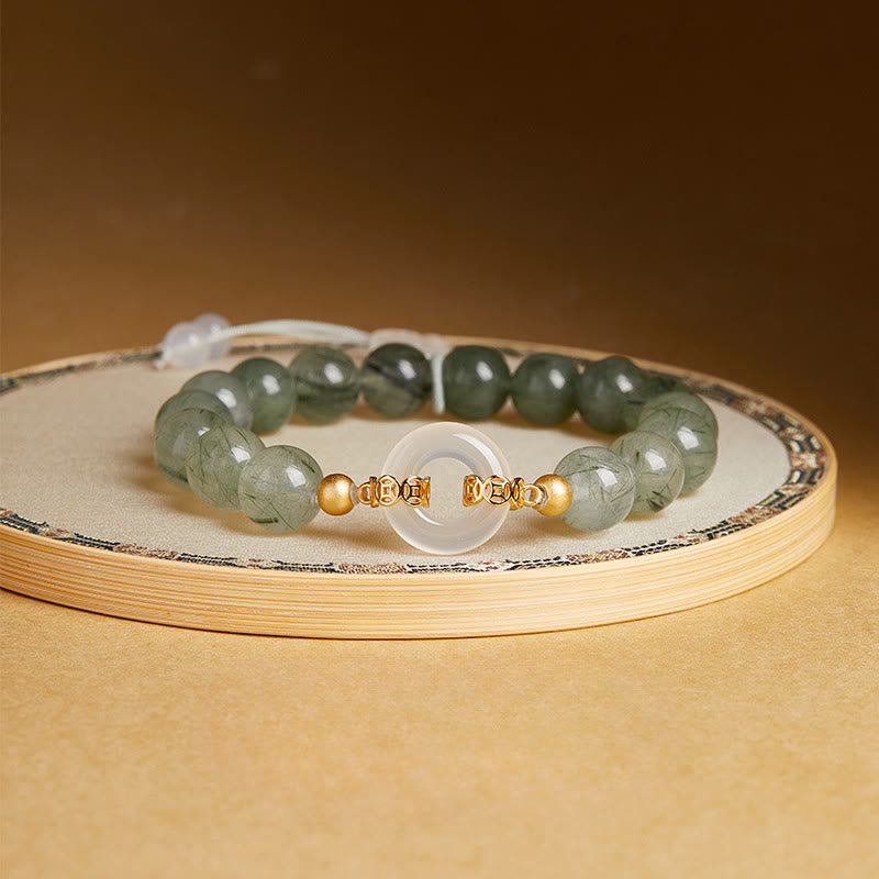 925 Sterling Silver Green Rutilated Quartz & White Chalcedony Ping An Kou Peace Buckle Bracelet