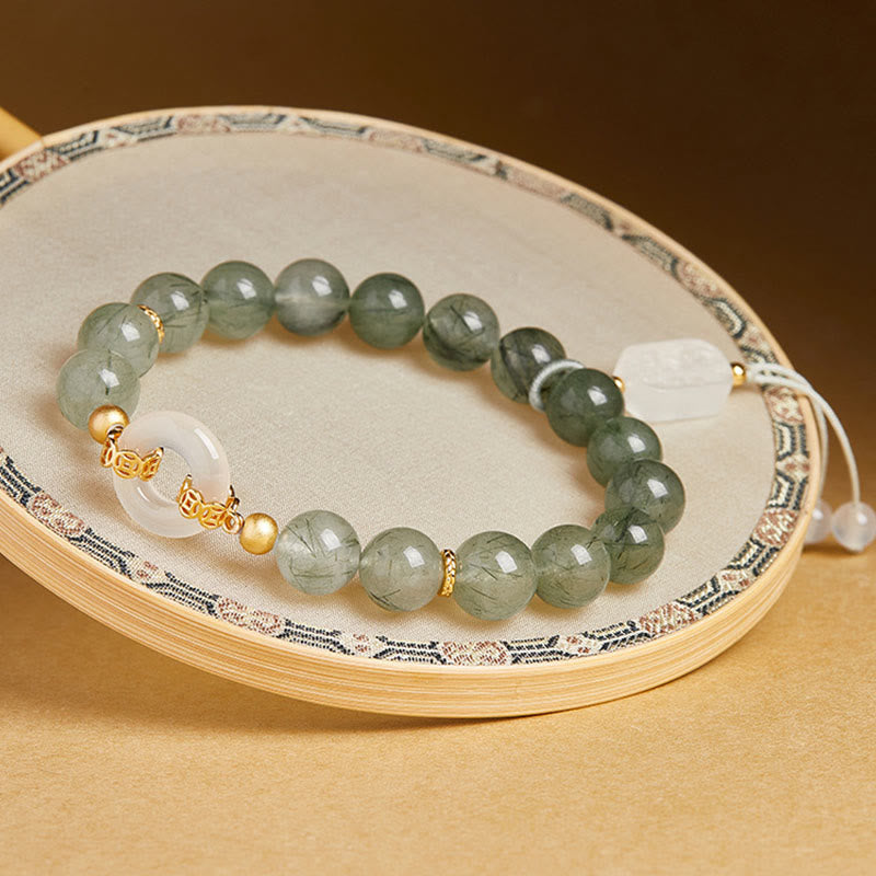 925 Sterling Silver Green Rutilated Quartz & White Chalcedony Ping An Kou Peace Buckle Bracelet
