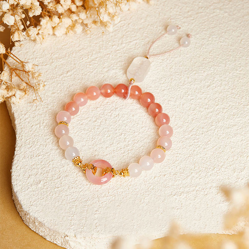 925 Sterling Silver Ping An Kou Bracelet with Red Agate & White Chalcedony for Confidence