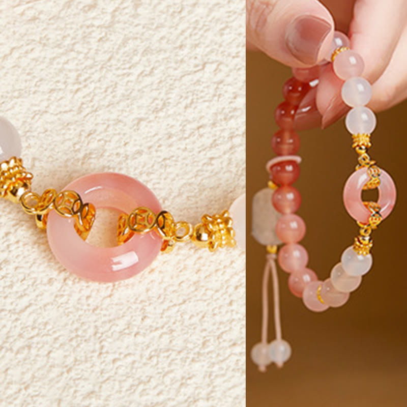 925 Sterling Silver Ping An Kou Bracelet with Red Agate & White Chalcedony for Confidence