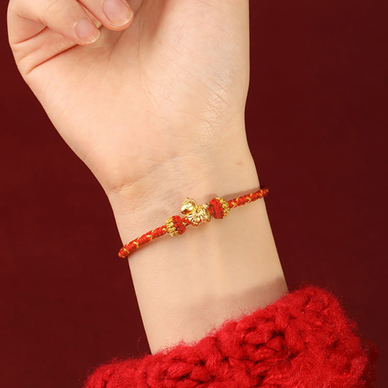 999 Gold Year of the Horse Braided Red String Adjustable Bracelet