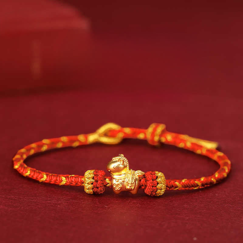 999 Gold Year of the Horse Braided Red String Adjustable Bracelet