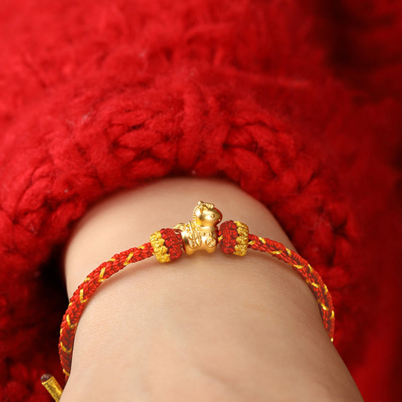 999 Gold Year of the Horse Braided Red String Adjustable Bracelet