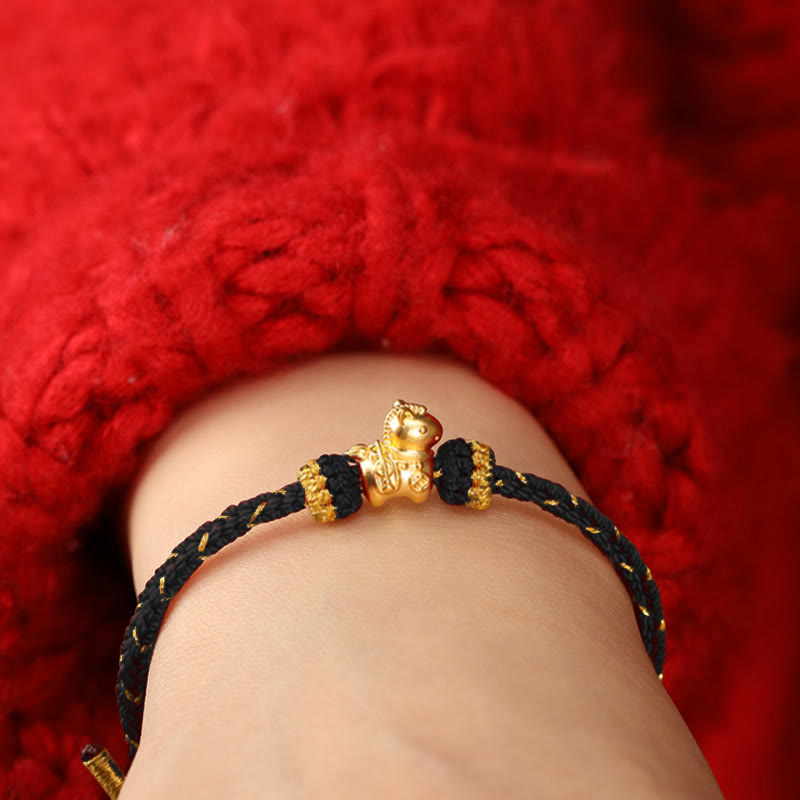 999 Gold Year of the Horse Braided Red String Adjustable Bracelet