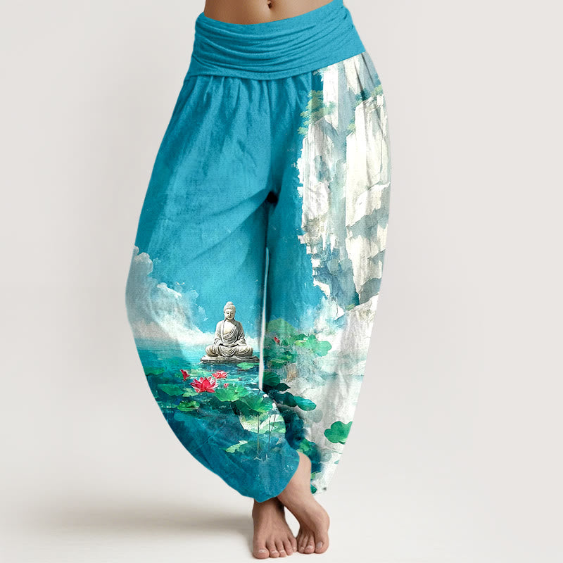 Pure Cotton Serene Graphic Pleated Waist Meditation Harem Pants