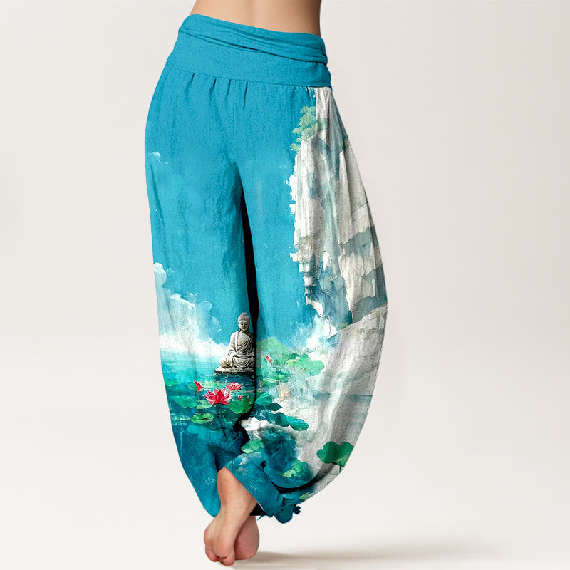 Pure Cotton Serene Graphic Pleated Waist Meditation Harem Pants
