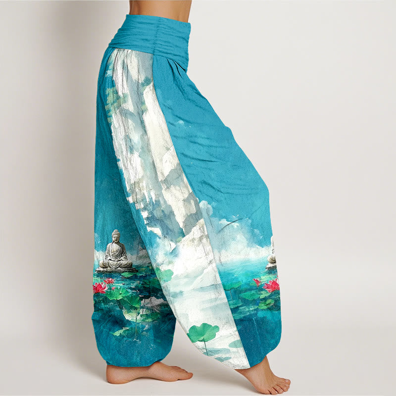 Pure Cotton Serene Graphic Pleated Waist Meditation Harem Pants