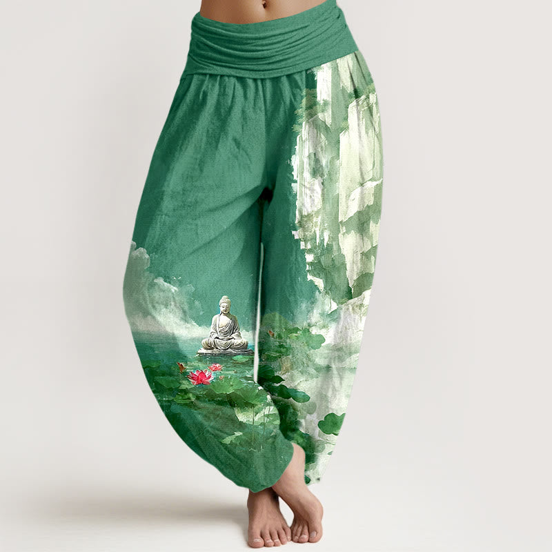 Pure Cotton Serene Graphic Pleated Waist Meditation Harem Pants