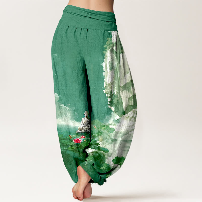 Pure Cotton Serene Graphic Pleated Waist Meditation Harem Pants