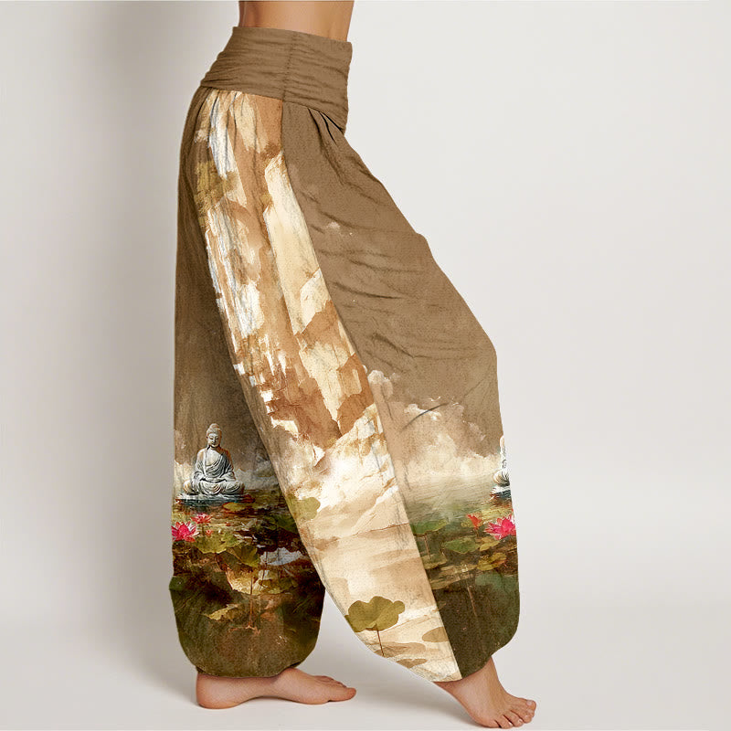 Pure Cotton Serene Graphic Pleated Waist Meditation Harem Pants