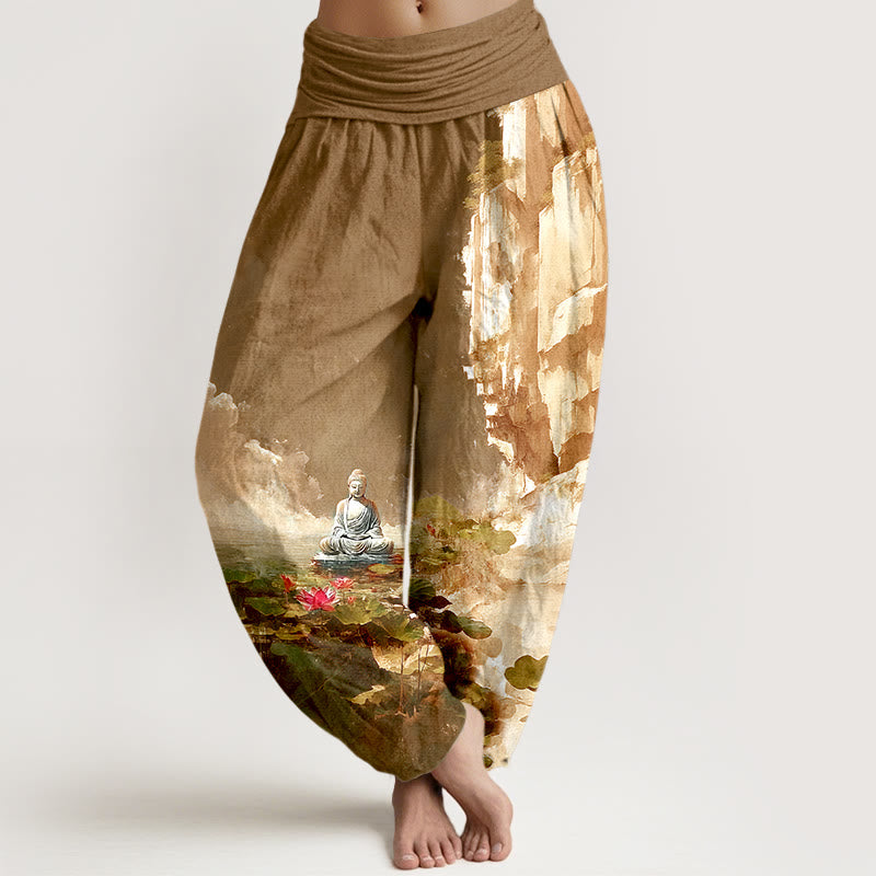 Pure Cotton Serene Graphic Pleated Waist Meditation Harem Pants