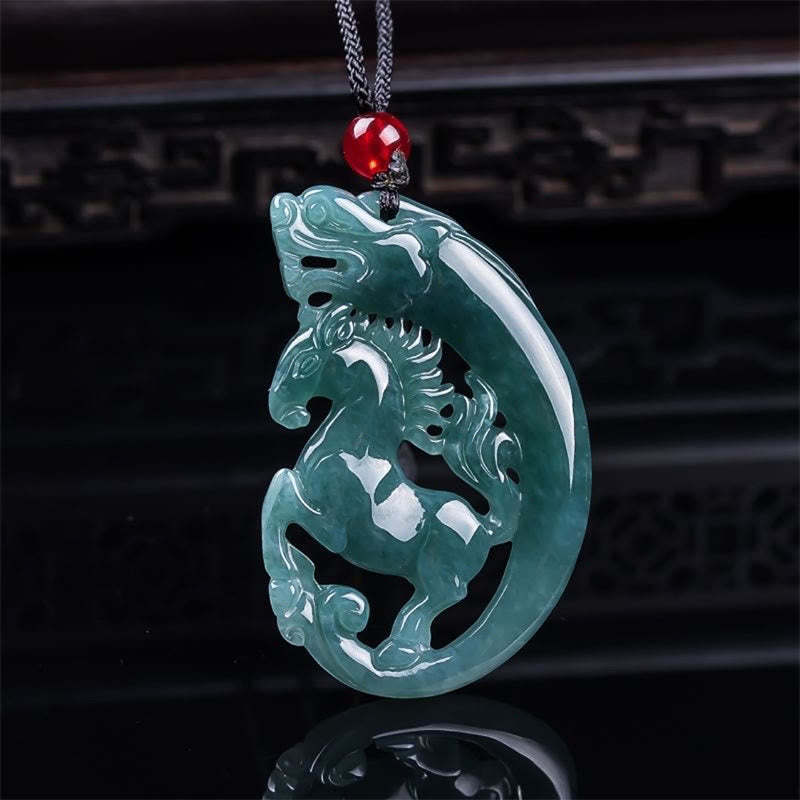 Hand-Carved Natural Jade Horse and Dragon Medallion Pendant Necklace