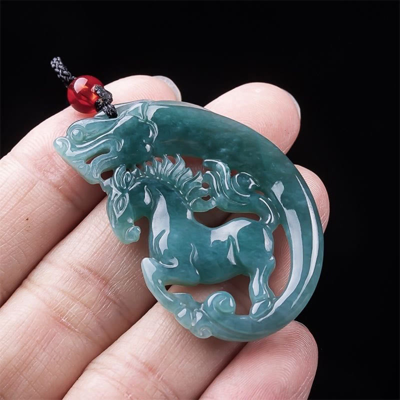 Hand-Carved Natural Jade Horse and Dragon Medallion Pendant Necklace