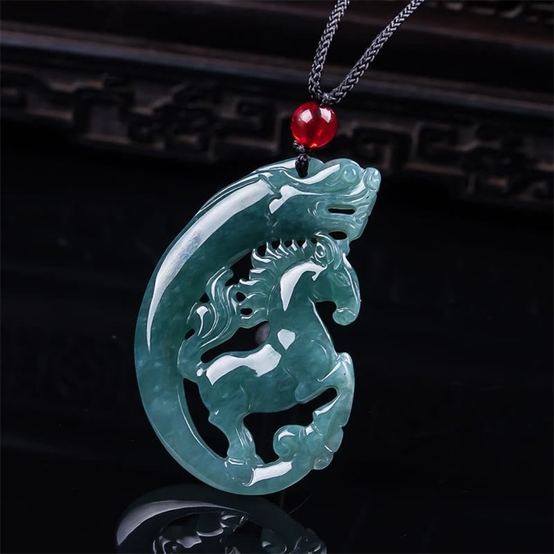 Hand-Carved Natural Jade Horse and Dragon Medallion Pendant Necklace