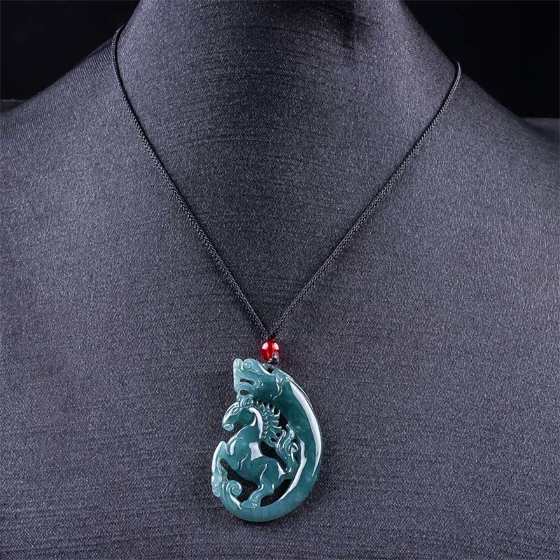 Hand-Carved Natural Jade Horse and Dragon Medallion Pendant Necklace