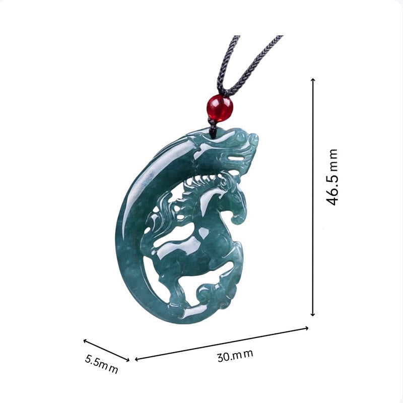 Hand-Carved Natural Jade Horse and Dragon Medallion Pendant Necklace