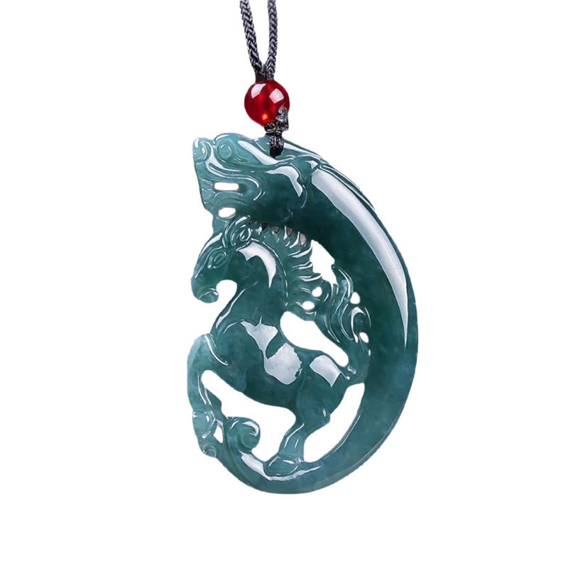 Hand-Carved Natural Jade Horse and Dragon Medallion Pendant Necklace