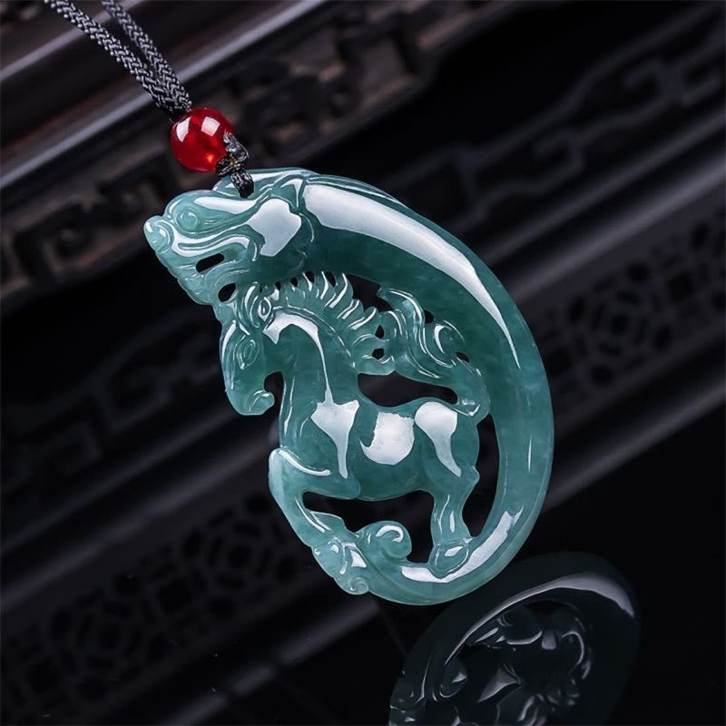Hand-Carved Natural Jade Horse and Dragon Medallion Pendant Necklace