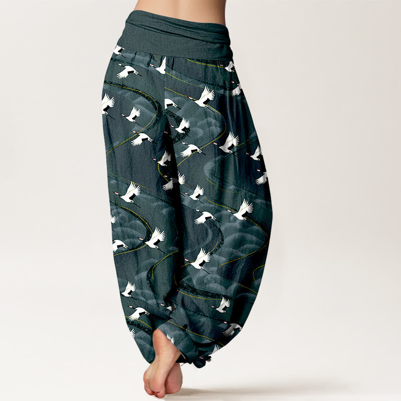 Pure Cotton Crane Print Flow Meditation Harem Pants