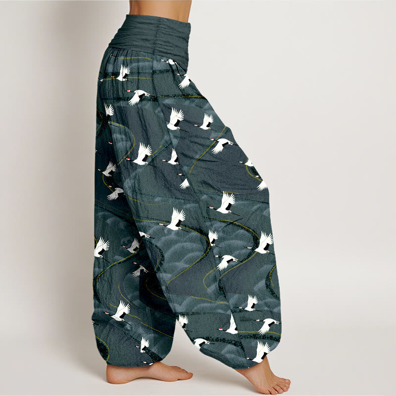 Pure Cotton Crane Print Flow Meditation Harem Pants