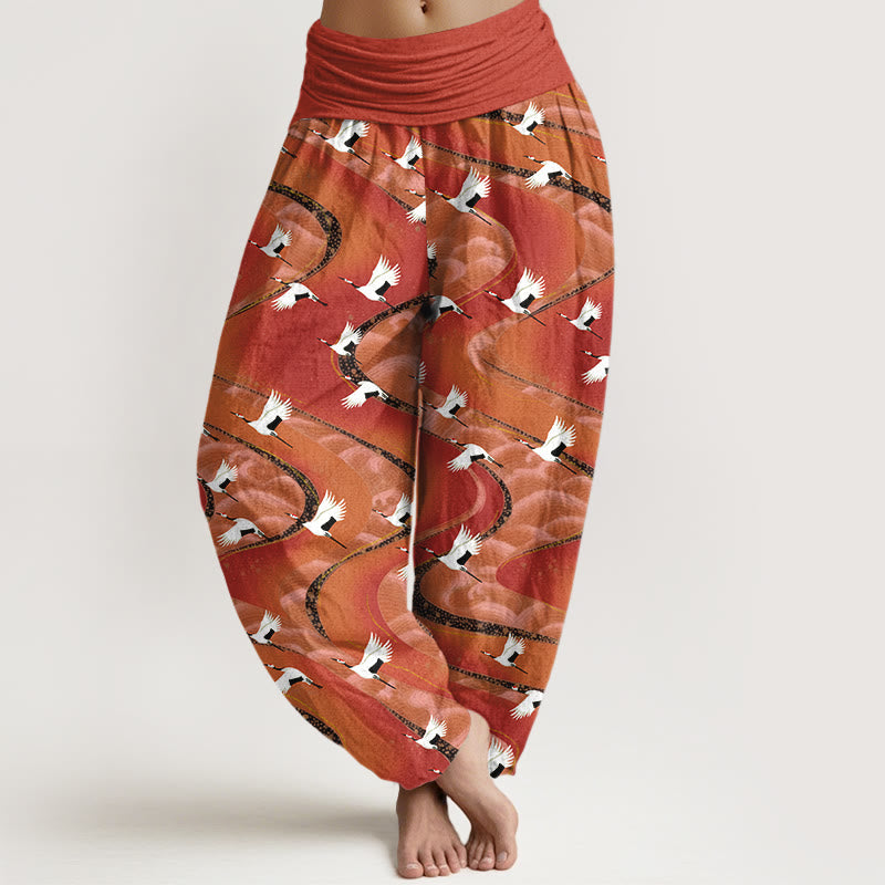 Pure Cotton Crane Print Flow Meditation Harem Pants