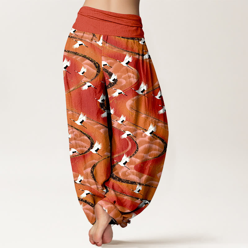 Pure Cotton Crane Print Flow Meditation Harem Pants