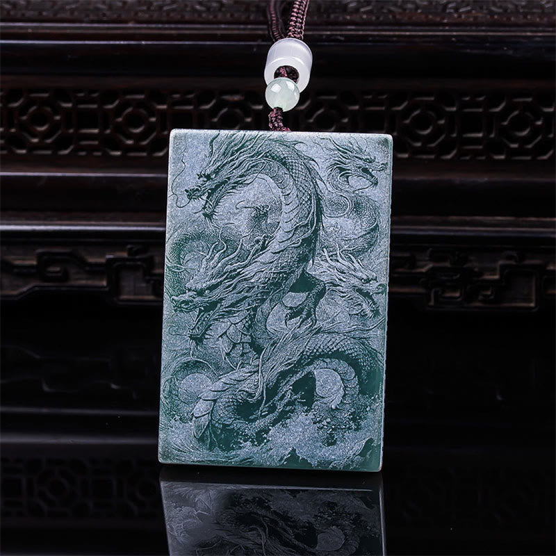 Dragon Rectangular Jade Rope Luck Success Necklace Pendants