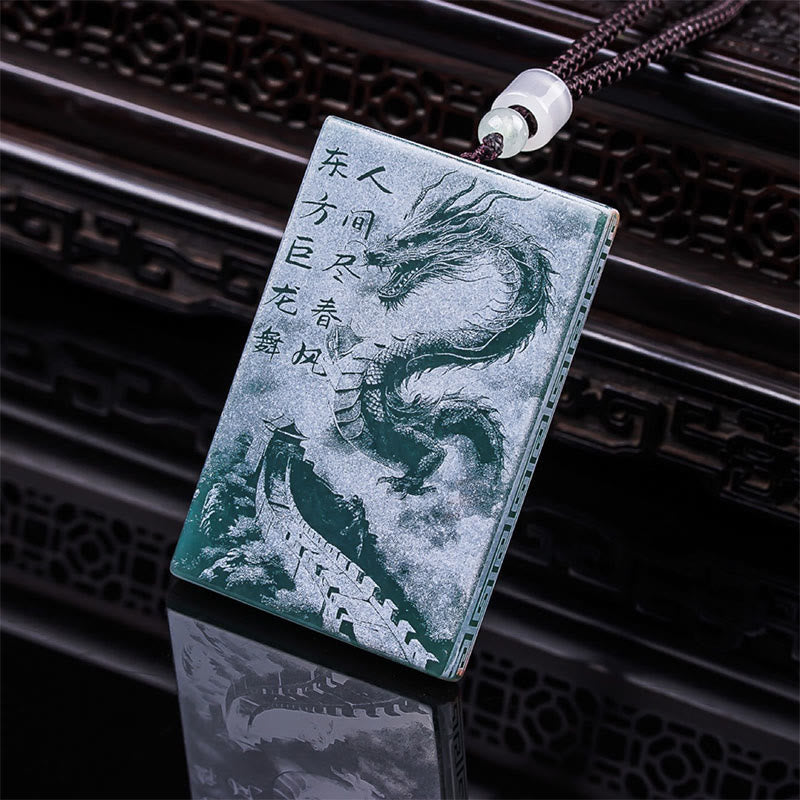 Dragon Rectangular Jade Rope Luck Success Necklace Pendants