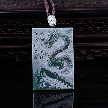 Dragon Rectangular Jade Rope Luck Success Necklace Pendants